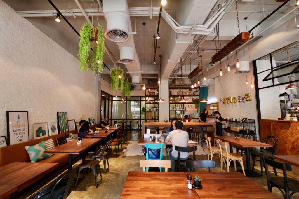 The main dining area with a splash of blue